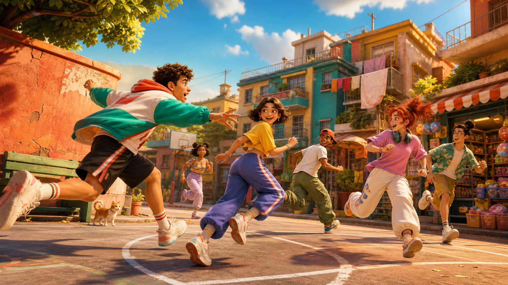 Players race through a colorful neighborhood in One Breath